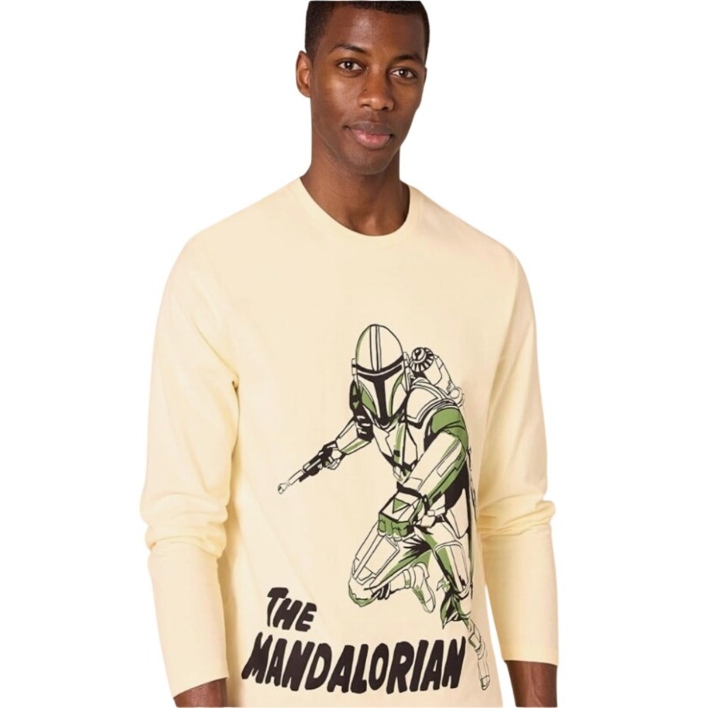 Star Wars Mandalorian Long Sleeve‎ Graphic T-Shirt Cream Mens Medium NWOT